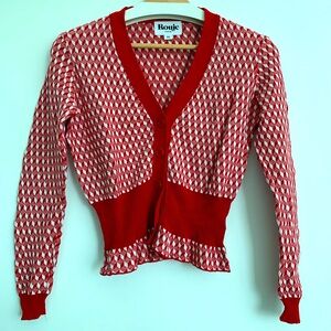 Rouje Red and White Geometric V-Neck Cardigan